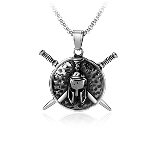 Retro stainless steel Spartan helmet and shield pendant necklace with a square link chain