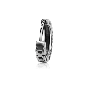 Vintage industrial silver titanium steel hoop earring with textured gear pattern