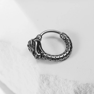 Retro dragon head titanium steel ring earring with vintage silver finish on stone base