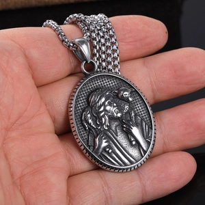 Retro stainless steel Jesus Shepherd pendant necklace with vintage silver finish for men