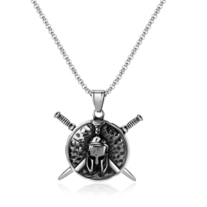 Detail of vintage Spartan helmet pendant with crossed swords on stainless steel chain