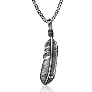Vintage stainless steel feather pendant necklace with box chain in a retro style