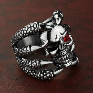 Gothic punk style stainless steel dragon claw skull ring with red gemstone eye for men