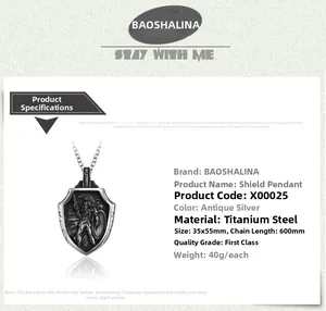 Antique silver shield pendant with Spartan relief showing 35x55mm dimensions and specs