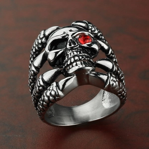 Gothic punk men's skull ring in vintage silver steel with a red zircon eye detail