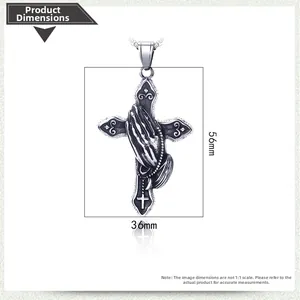 Détail du pendentif croix avec mains en prière, argent vieilli, taille 56mm x 36mm