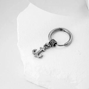 Vintage silver anchor hoop earring with Greek meander pattern on white stone