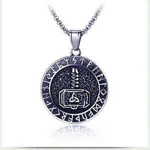 Vintage Mjölnir pendant necklace with Nordic runes and Triquetra symbol on square chain