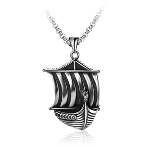 Collier rétro drakkar viking en acier inoxydable avec boucliers et tête de dragon