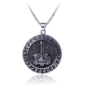 Retro stainless steel Thor's Hammer Mjölnir pendant necklace with Viking runes