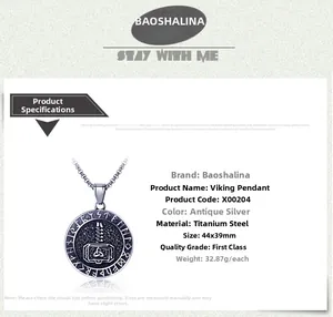 Antique silver Viking disc pendant with Thor's hammer and runes, 44x39mm size detail