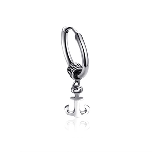 Punk style stainless steel hoop earring with anchor pendant and black Greek key bead