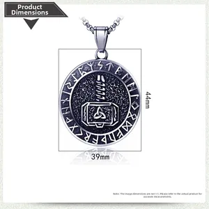 Macro view of Viking Mjölnir pendant showing 44mm height and 39mm width dimensions