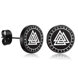 Black Viking Valknut stud earrings in stainless steel with Nordic rune engravings