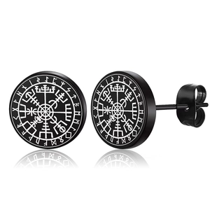 Stainless Steel Viking Rune Stud Earrings Nordic Compass Vegvisir Black Round Earring For Men Women Punk Vintage Jewelry