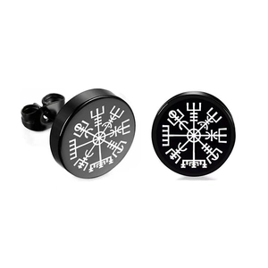 Detail view of black stainless steel Vegvisir compass stud earrings for men and women