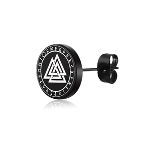 Close-up of black stainless steel Viking stud earring featuring white Valknut and Rune symbols