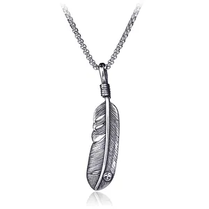 Vintage stainless steel feather pendant necklace with square pearl chain on white background