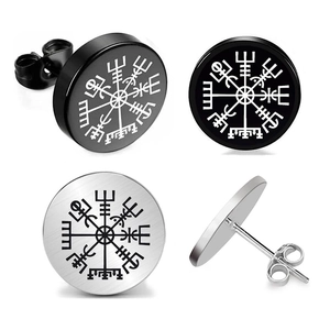 Detail of Viking Vegvisir earrings in black and silver stainless steel showing laser engraving