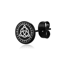 Black stainless steel stud earring featuring white Celtic knot and Viking rune patterns