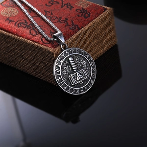Vintage stainless steel Viking Thor Hammer pendant with Runes and Celtic patterns