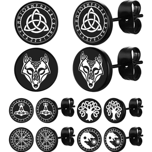 Close-up of black stainless steel Viking stud earrings with white rune and Norse symbols