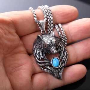 Pendentif tête de loup rétro en acier inoxydable avec pierre bleue et chaîne