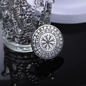 Retro stainless steel Viking Vegvisir compass pendant necklace with runic inscriptions