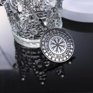 Retro stainless steel Viking compass necklace with engraved runes on a glass crown base