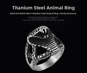 Macro shot of vintage stainless steel cobra snake ring with retro hollow details