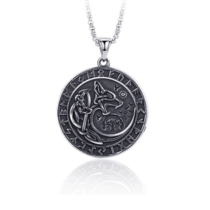 Vintage Viking Wolf Head Rune Pendant Necklace Stainless Steel Nordic Yggdrasil Mythology Jewelry For Men Retro Silver Chain