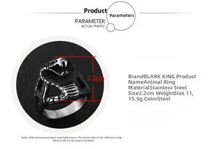 Detailed specs of stainless steel cobra ring showing 2.2cm height and 15.5g weight