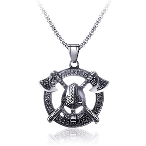 Viking Warrior Helmet Crossed Axes Pendant Necklace For Men Vintage Stainless Steel Rune Circle Box Chain Jewelry