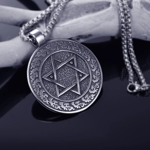 Retro warrior star of David pendant necklace in vintage silver finish on black background