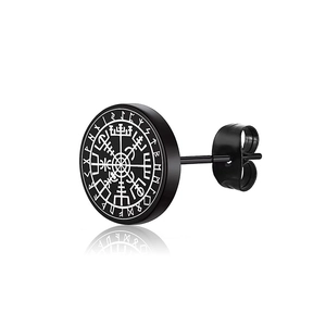 Viking Vegvisir compass stud earrings in black stainless steel with Nordic runes