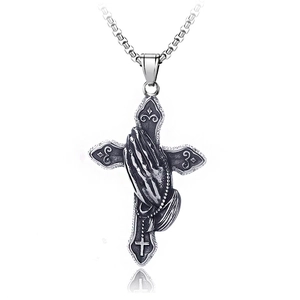 Collier Pendentif Croix Mains en Prière en Acier Inoxydable Vintage pour Hommes Femmes Bijoux Religieux Hip Hop Rétro Ton Argent Antique
