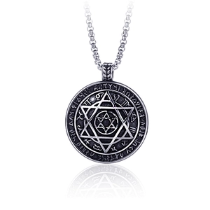 Vintage stainless steel hexagram necklace with zodiac symbols and Nordic runes