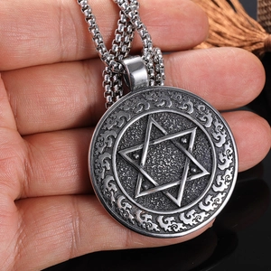 Vintage silver evil eye flame pendant in stainless steel with hexagram round design