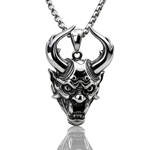 Vintage Titanstahl Hannya Maske Anhänger Halskette Für Herren Retro Punk Wolfskopf Krieger Halskette Gothic Hip Hop Schmuck
