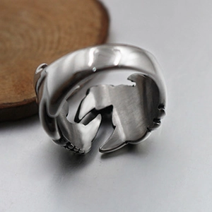Retro punk shark open ring in polished silver stainless steel for men's trendy style