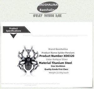 Detailed size chart of antique silver titanium steel spider pendant measuring 36x40mm