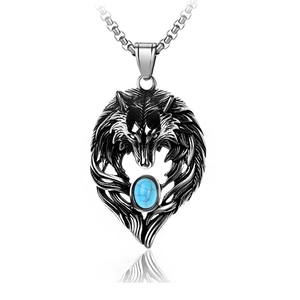 Collier avec pendentif tête de loup vintage pour homme avec pierre bleue et argent vieilli