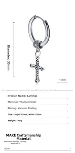Macro detail of silver titanium steel cross earring with vacuum plating and dimensions