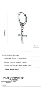 Detail view of titanium steel Ankh cross earring with Greek key pattern and dimensions