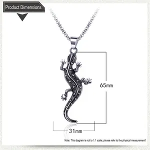 Gothic 3D silver gecko lizard pendant in stainless steel with vintage texture, 65x31mm