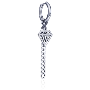 Minimalist silver cross hoop earring with geometric diamond piece and curb chain drop