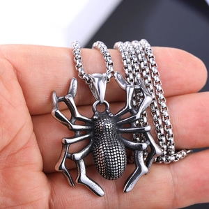 Close-up of a vintage silver spider pendant in titanium steel with detailed box chain link