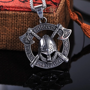 Viking warrior helmet with crossed axes pendant on stainless steel chain with runes