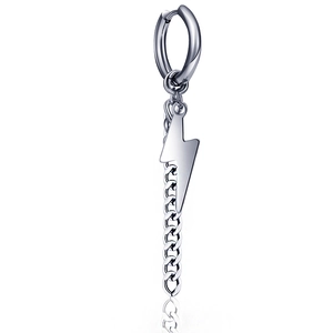 Silver stainless steel huggie hoop earring with lightning bolt charm and long cross chain