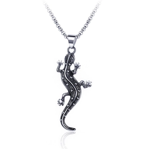 Gothic Vintage Stainless Steel Gecko Lizard Pendant Necklace Textured Scales Oxidized Finish Punk Animal Jewelry For Men